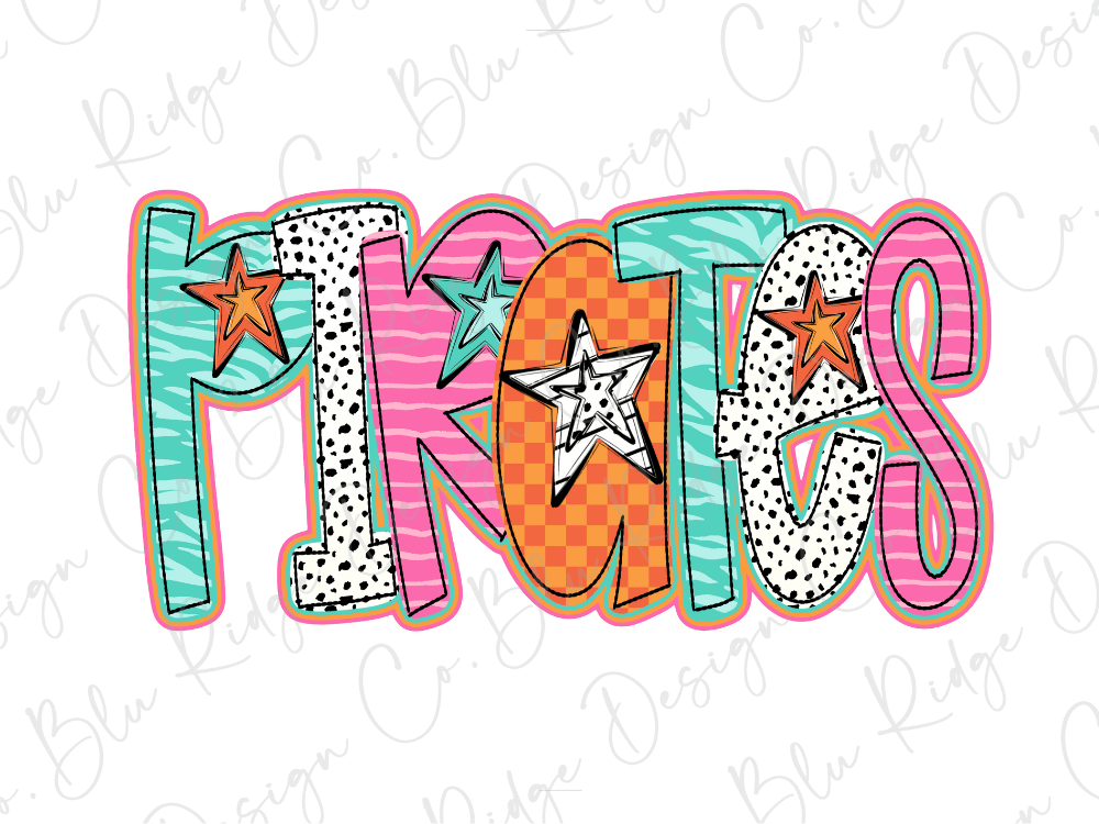 a colorful and playful design of the word "PIRATES" with various shapes and patterns, including stars and stripes, in a vibrant and lively style.