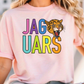 A woman wearing a pink t-shirt with the word "JAGUARS" printed on it, along with a graphic of a jaguar's head.