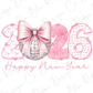 a pink bow and a disco ball, with the numbers "2026" and the phrase "Happy New Year" written in pink.