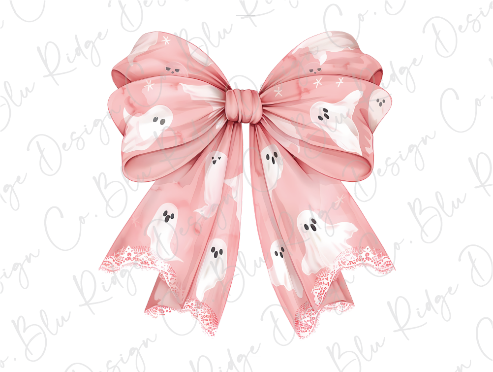 a pink bow with ghost faces on it