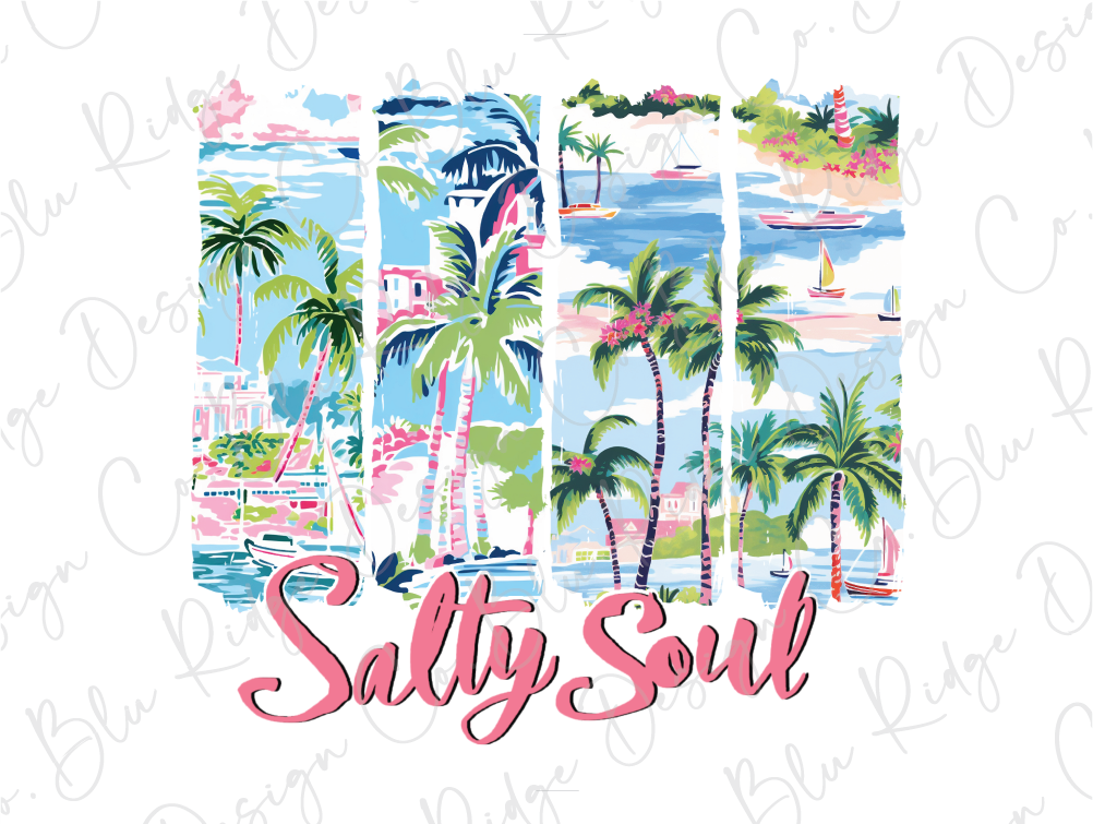 a picture of a beach with palm trees and the words salty soul