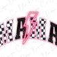 a pink and black logo with a lightning bolt