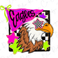 a stylized eagle with a checkered star on its face, surrounded by colorful stars and a pink banner with the word "Eagles" written on it.