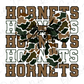a large camouflage bow with the word "Horns" written in a repeating pattern of brown and green letters.