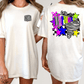 two views of a white t-shirt with a graphic design on the back. The design features a storm, stars, and a colorful pattern.