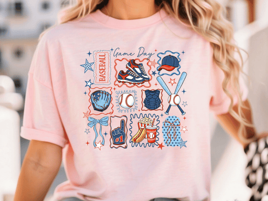 A woman wearing a pink t-shirt with various baseball-related icons and text printed on it.