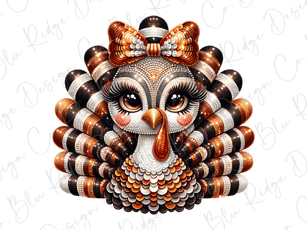 A detailed illustration of a turkey with a bow, featuring intricate patterns and designs in shades of orange, black, and white.