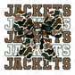 A camouflage-patterned bow made of brown fabric is prominently displayed in the center of the image, surrounded by the repeated text "JACKETS" in a bold, capitalized font.