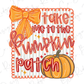 a pumpkin patch with a large orange bow and the text "Take me to the pumpkin patch" written on it.