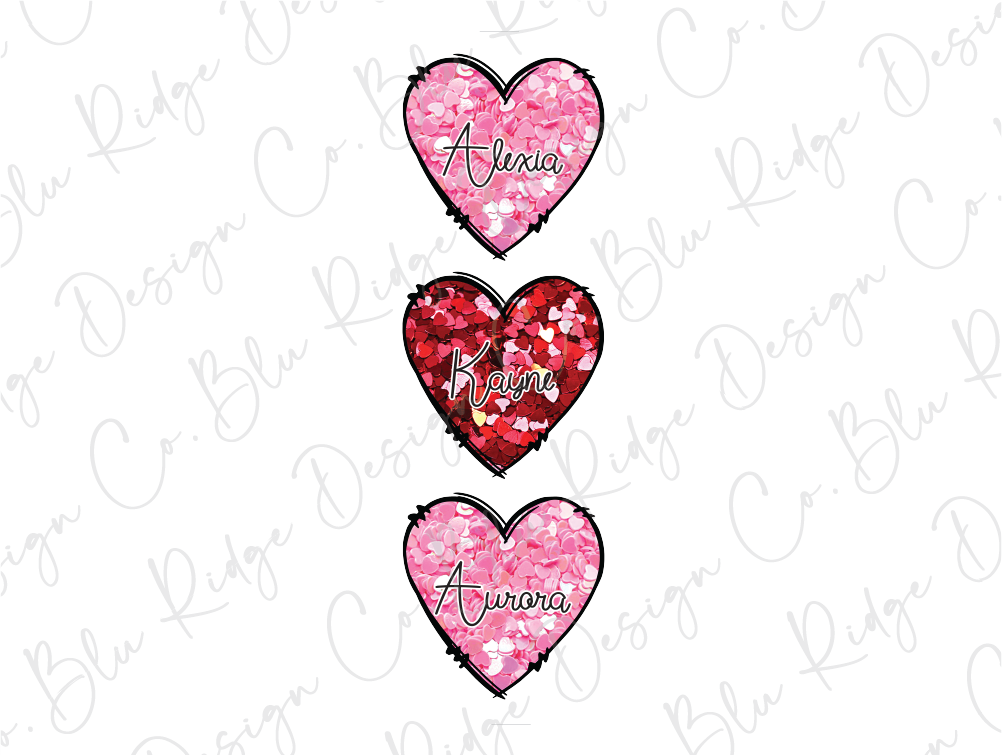 three hearts with the names of three different languages