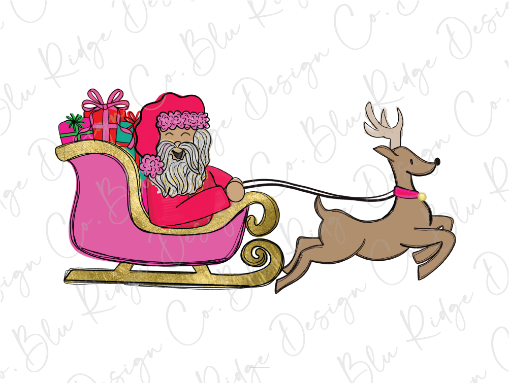 a santa claus riding in a sleigh with a reindeer