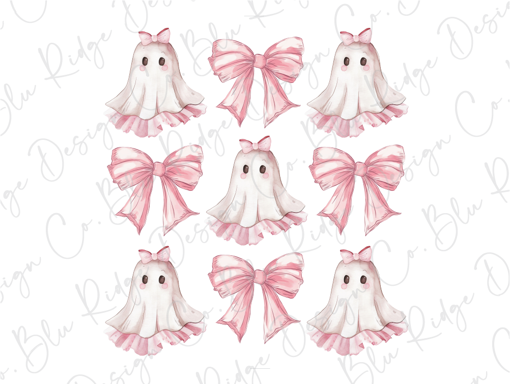 a watercolor drawing of a ghost with pink bows