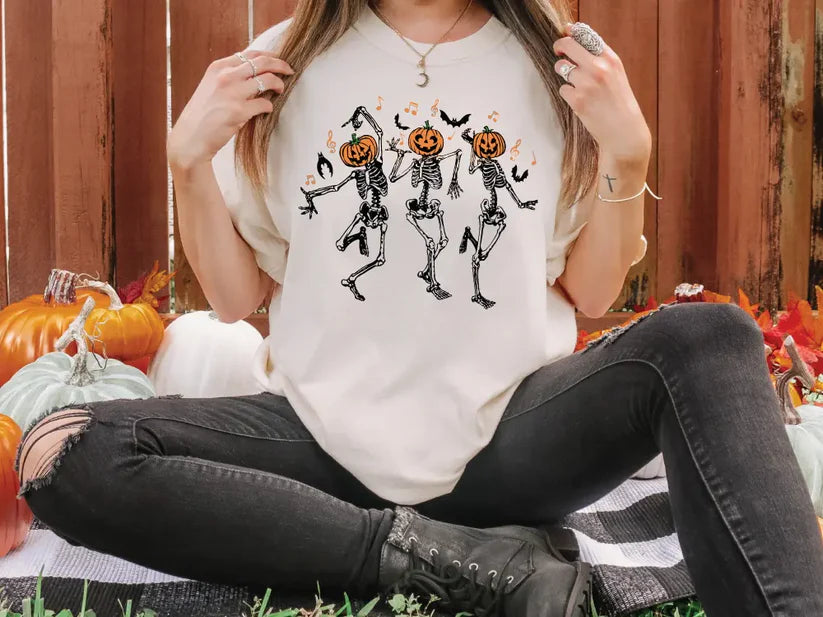 Dancing Pumpkin Head Skeletons Graphic T-Shirt
