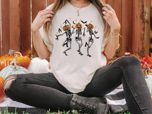Dancing Pumpkin Head Skeletons Graphic T-Shirt