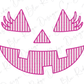 A stylized Halloween pumpkin face design with pink and white striped patterns.