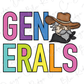 a colorful and playful depiction of the word "GENERALS" with a cartoon cowboy character wearing a hat.