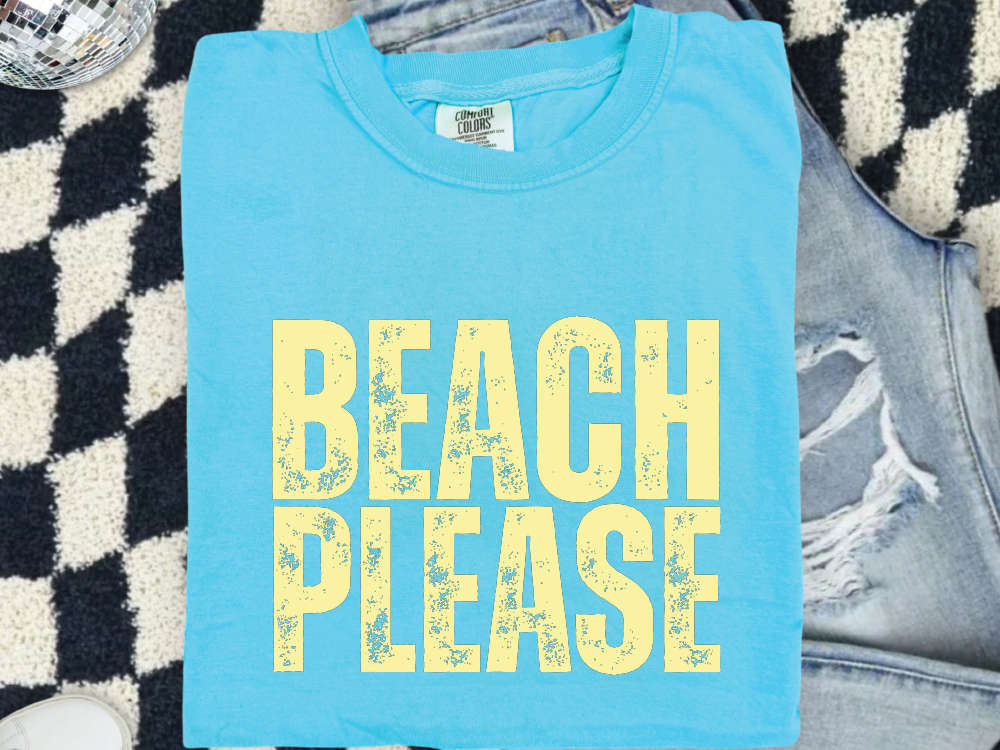 a blue shirt that says beach please on it