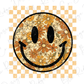 a smiley face with flowers on a checkered background