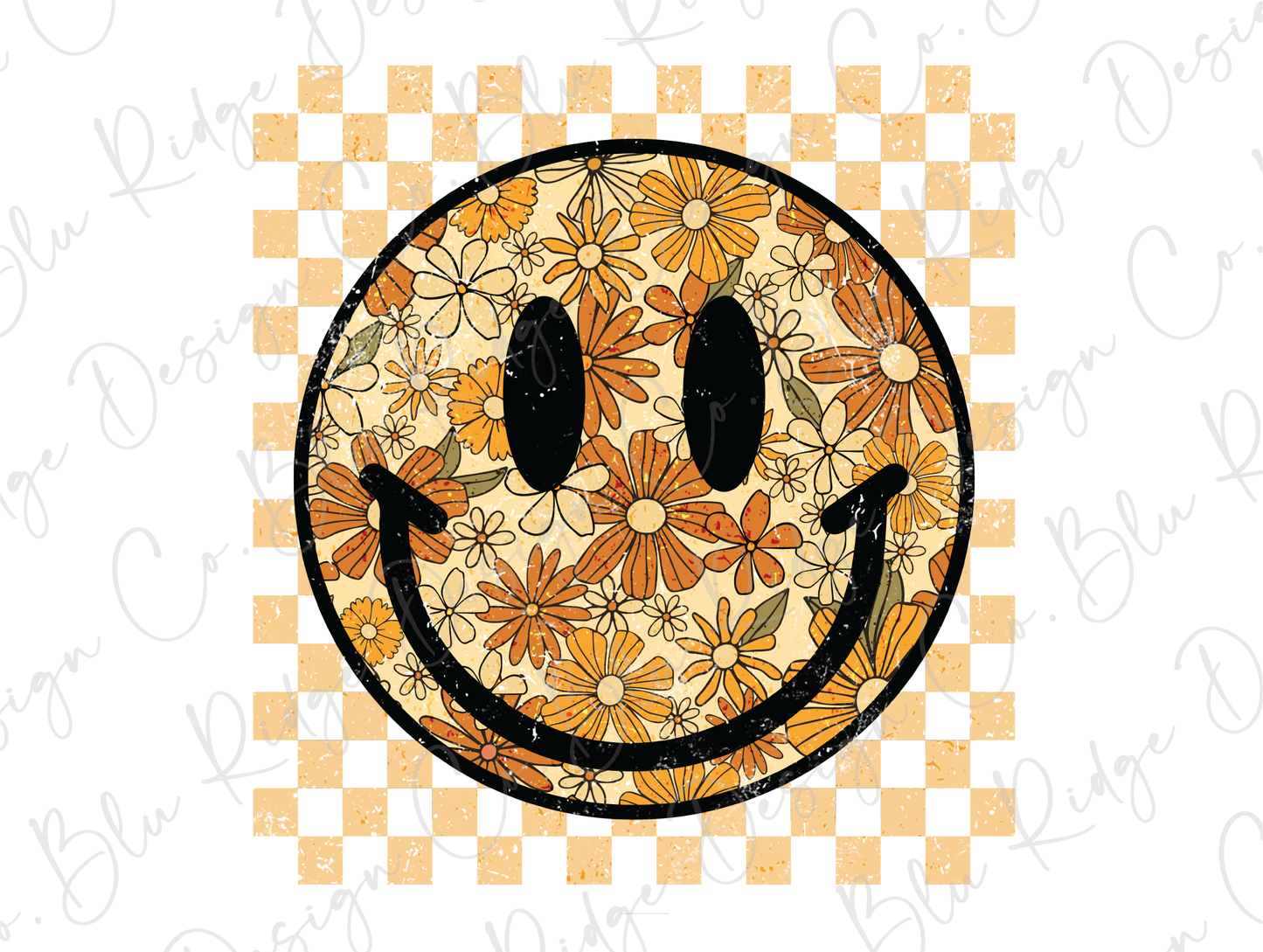 a smiley face with flowers on a checkered background