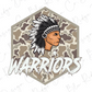 a Native American warrior wearing a headdress, with the word "Warriors" written below the image.