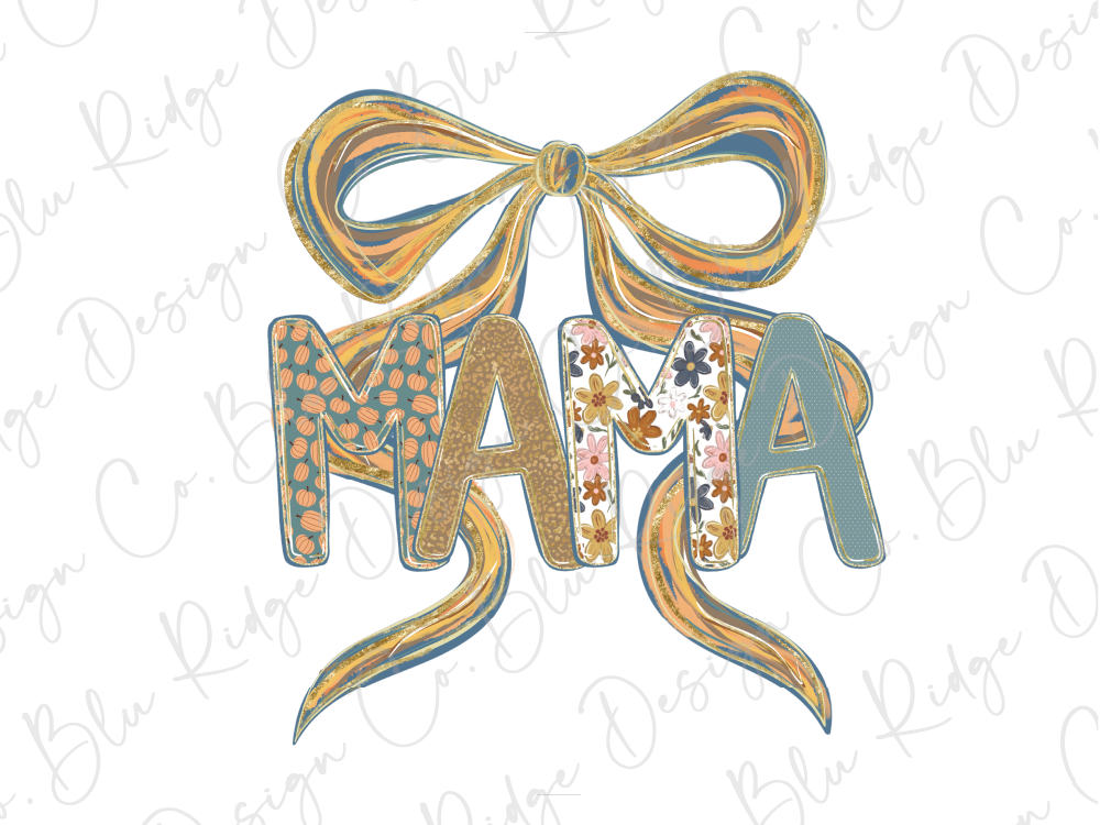 the word "MAMA" with a decorative bow made of colorful ribbons.