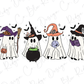 a group of three halloween ghostes with hats and brooms