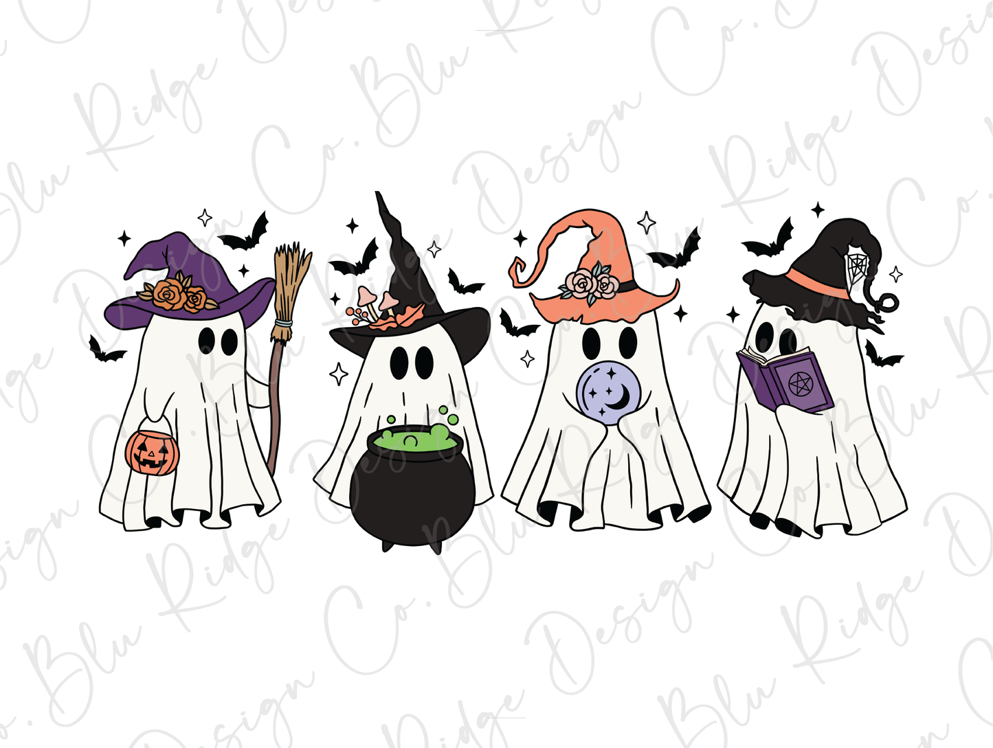 a group of three halloween ghostes with hats and brooms