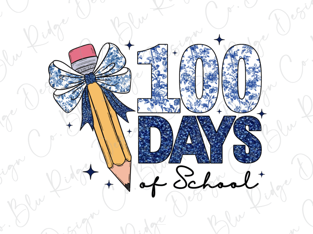 a pencil with a blue and white floral bow, accompanied by the text "100 DAYS of School" and a glittery design.