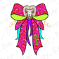 A colorful, stylized illustration of a ram's head wearing a pink and green bow with the word "Rams" written on it.