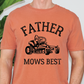 a man wearing an orange father mows best t - shirt