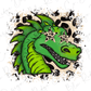A stylized illustration of a green dragon with leopard print accents, wearing two star-shaped sunglasses.