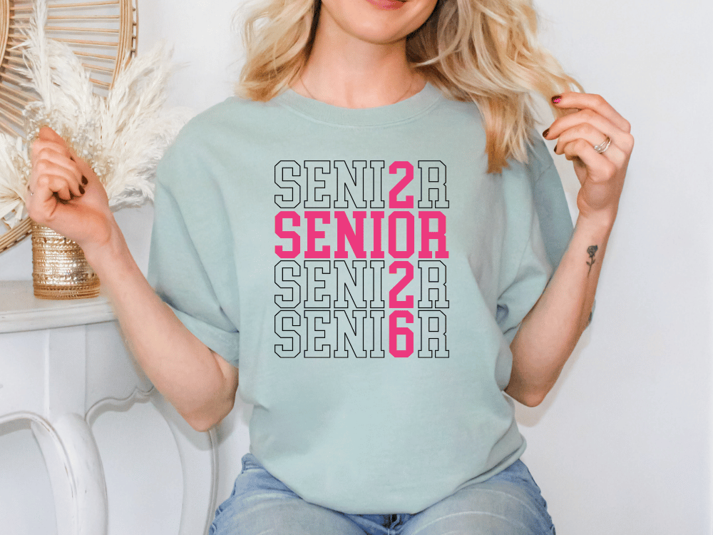 a woman wearing a t - shirt that says senior 2 senior 2 senior 6