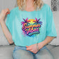 a woman sitting on a couch wearing a t - shirt that says summer vibes