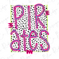 the word "PIRATES" in a bold, pink font against a background of black and white polka dots.
