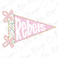 A pink triangular flag with the word "Rebels" written on it, along with two pink bows.
