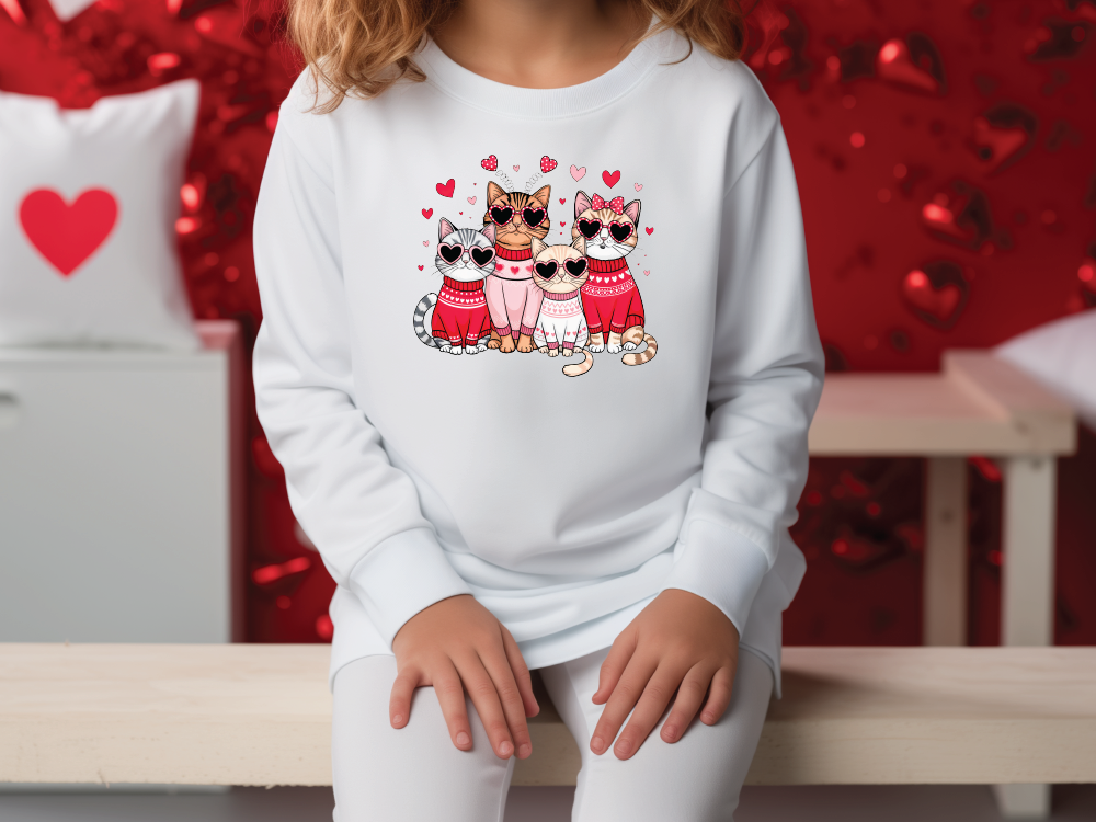 a girl sitting on a bench wearing a sweatshirt with two cats on it