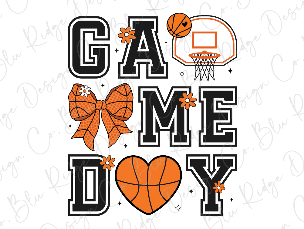 the word game day with a basketball and a bow