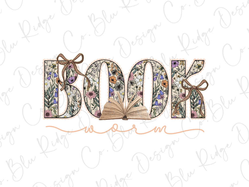 the word "BOOK" made up of floral and leaf designs, with an open book placed in the center.