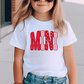 A young girl wearing a white t-shirt with the word "MINI" printed on it, smiling at the camera.