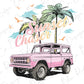 a pink truck parked under a palm tree