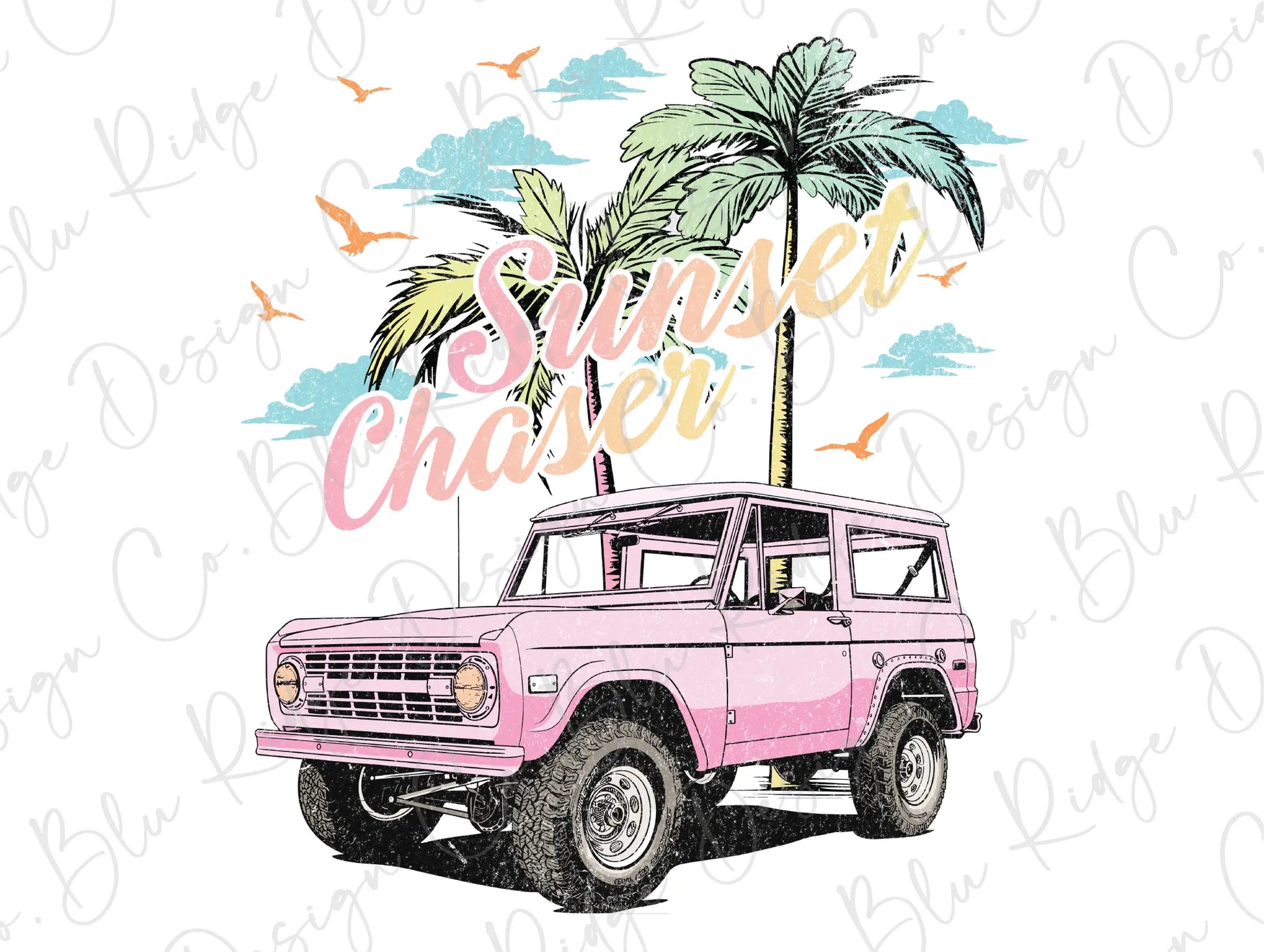 a pink truck parked under a palm tree