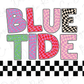 the word blue tide on a checkered background