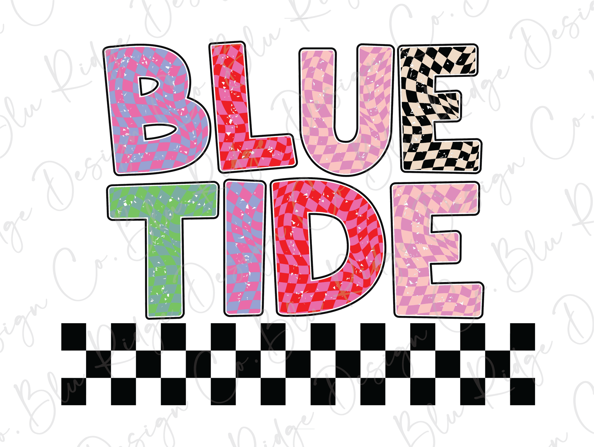 the word blue tide on a checkered background