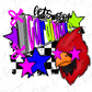 A colorful and stylized graphic design featuring a red bird wearing sunglasses, surrounded by various shapes and patterns in shades of pink, blue, green, and black.