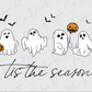 a group of four ghostly figures holding pumpkins, accompanied by the text "Tis the season" in a stylized font.