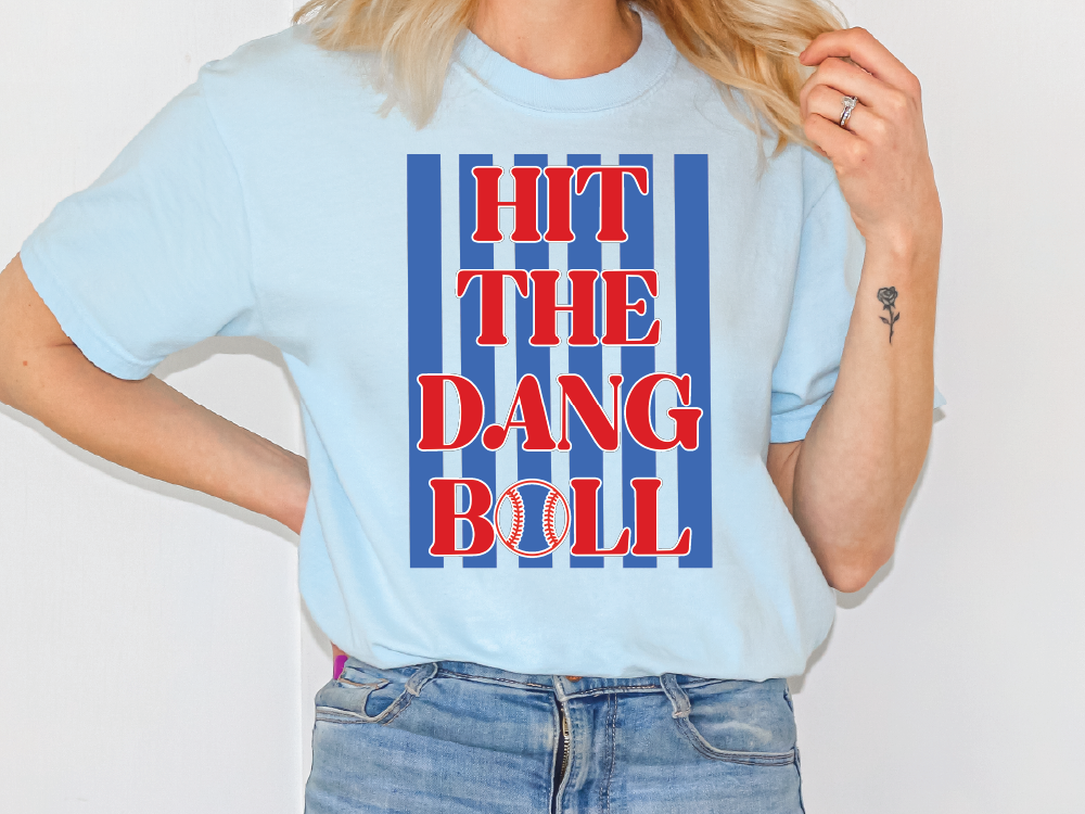 A person wearing a light blue t-shirt with the text "HIT THE D.D.ANG BULL" printed on it.