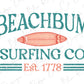 a surfboard with the words beach bum surfing co