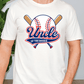 A white t-shirt with a graphic design featuring a baseball bat and a baseball, along with the text "Uncle of the Rookie".