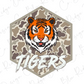 A stylized illustration of a tiger's head with the word "TIGERS" written below it, set against a camouflage pattern.