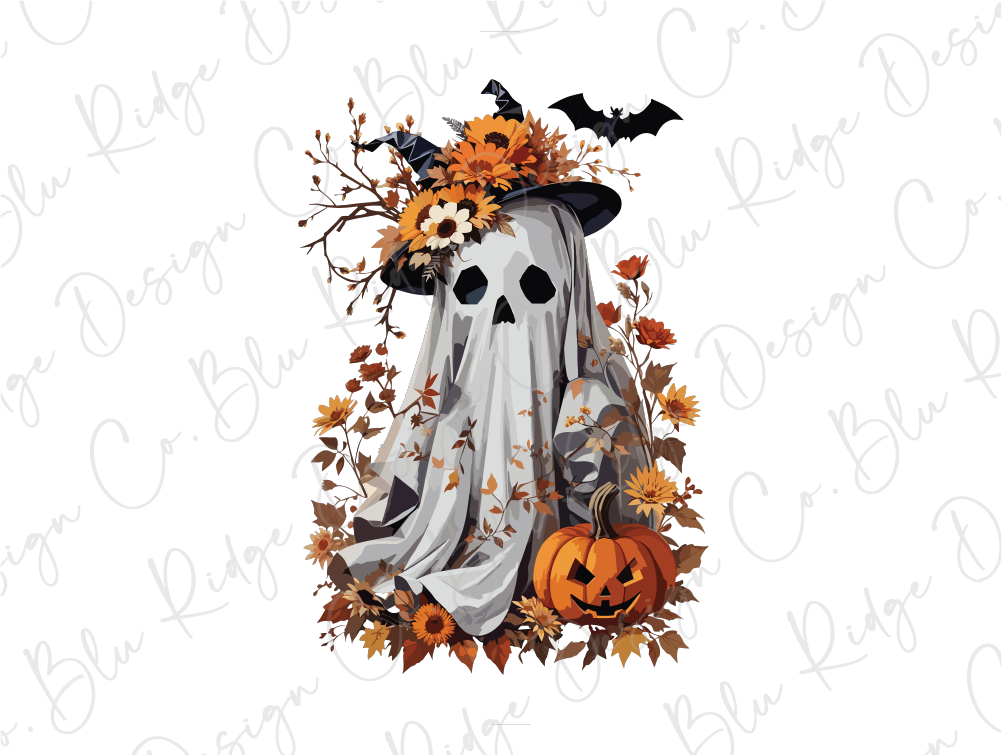 a halloween ghost with a pumpkin and flowers